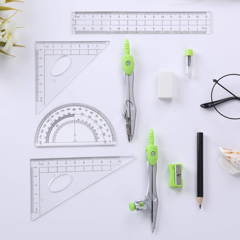 Vobou Math Geometry Kit Sets 10 Piece Student Supplies with Shatterproof Storage Box,Includes Rulers,Protractor,Compass,Eraser,Pencil Sharpener,Lead Refills,Pencil,for Drafting（Green） - Image 3